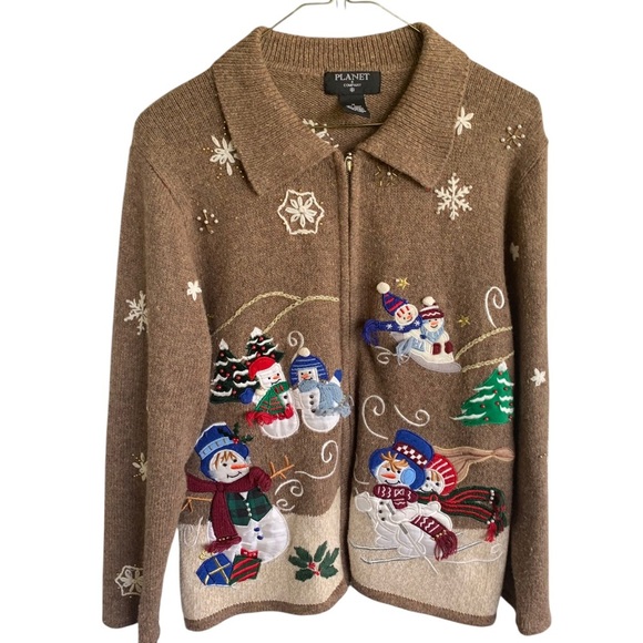 Snowman Christmas Holiday Embroidered Sweater Women’s Size Medium Full Zip - Picture 1 of 9